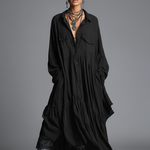 Women's Cotton And Linen Blend Loose Washed Shirt Maxi Dress
