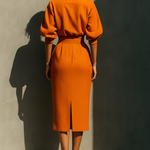 Women's Orange Mid-sleeve Top And Midi Skirt Set