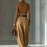 Women's Blended Brown Top And Wide-leg Pants Set