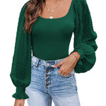 Zeagoo Women's Top Mesh Long Sleeve Shirts Casual Square Neck Polka Dot Puff Sleeve Tunic Blouse (Us Only)