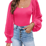 Zeagoo Women's Top Mesh Long Sleeve Shirts Casual Square Neck Polka Dot Puff Sleeve Tunic Blouse (Us Only)
