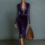 Women's Fashionable And Elegant Dark Blue Velvet Slim-fit V-neck Midi Dress With Lace Trim At The Neckline And Sleeves