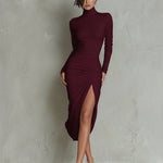 Women's Fashionable And Sexy White Slim-fitting Midi Dress With A High Neckline, Long Sleeves, And Ruched Waist And Hem