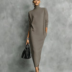 Women's Elegant Black Knitted Turtleneck Long-sleeved Loose-fitting Maxi Dress With No Pockets