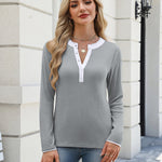 Colorblock Collar Lace Trim Ribbed Knit Henley Top (US Only)