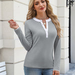Colorblock Collar Lace Trim Ribbed Knit Henley Top (US Only)