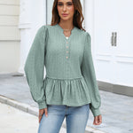 Casual Eyelet Peplum Puff Long Sleeve Blouse (US Only)
