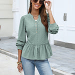 Casual Eyelet Peplum Puff Long Sleeve Blouse (US Only)