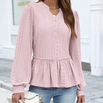 Casual Eyelet Peplum Puff Long Sleeve Blouse (US Only)