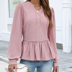 Casual Eyelet Peplum Puff Long Sleeve Blouse (US Only)