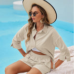 Linen Shirt Elastic Waist Casual Shorts Set - Zeagoo (Us Only)