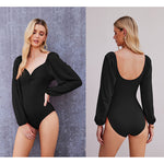 Puff Sleeve Twist Knot Front Tops Bodysuit - Zeagoo (Us Only)