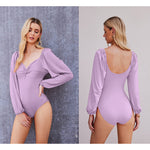 Puff Sleeve Twist Knot Front Tops Bodysuit - Zeagoo (Us Only)