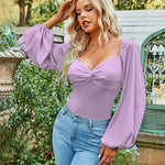 Puff Sleeve Twist Knot Front Tops Bodysuit - Zeagoo (Us Only)