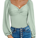 Puff Sleeve Twist Knot Front Tops Bodysuit - Zeagoo (Us Only)