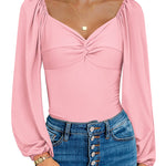 Puff Sleeve Twist Knot Front Tops Bodysuit - Zeagoo (Us Only)