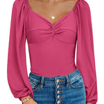Puff Sleeve Twist Knot Front Tops Bodysuit - Zeagoo (Us Only)
