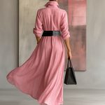Women's Solid Color Lapel Long Sleeve Single Breasted Belt Maxi Shirt Dress