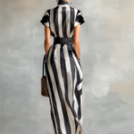 Women's High Collar Chiffon Short Sleeve Belt Maxi Dress