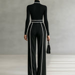 Women's White Trimmed Turtleneck Long Sleeve Top Wide Leg Pants Belt Two-Piece Set
