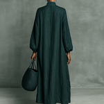 Women's Loose Cotton And Linen Blend Shoulder Embroidery Half-high Collar Long-sleeved Maxi Dress