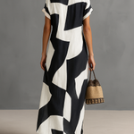 Women's Cotton And Linen Blend Irregular Geometric Print Lapel Single-Breasted Short-Sleeved Maxi Shirt Dress