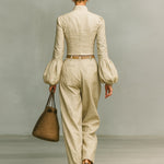 Women's Retro Linen-like Fabric Stand-up Collar Single-breasted Shirt Trousers Two-piece Set