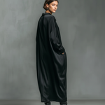 Women's Fashionable Casual Black Glossy Satin Long-sleeved Loose-fitting Maxi Dress With Pockets