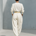 Women's Fashion Cotton And Linen Blend Crew Neck Long Sleeve Shirt Loose Trousers Set
