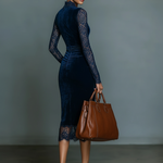 Women's Fashionable And Elegant Dark Blue Velvet Slim-fit V-neck Midi Dress With Lace Trim At The Neckline And Sleeves