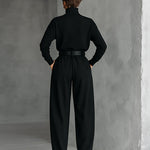 Women's All-black Turtleneck Long-sleeved T-shirt And Straight-leg Pants Two-piece Set
