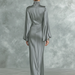 Women's Fashionable Grey Satin High-neck Long-sleeved Loose-fitting Maxi Dress