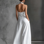 Women's Casual White Cotton And Linen Halter-neck Sleeveless Top And Skirt Set