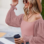 Zeagoo Women's Top Mesh Long Sleeve Shirts Casual Square Neck Polka Dot Puff Sleeve Tunic Blouse (Us Only)