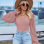 Zeagoo Women's Top Mesh Long Sleeve Shirts Casual Square Neck Polka Dot Puff Sleeve Tunic Blouse (Us Only)