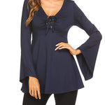 Zeagoo Women's Sexy V-Neck Pleated Front Long Bell Sleeve Blouse Tops