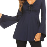 Zeagoo Women's Sexy V-Neck Pleated Front Long Bell Sleeve Blouse Tops