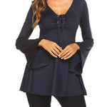 Zeagoo Women's Sexy V-Neck Pleated Front Long Bell Sleeve Blouse Tops
