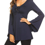 Zeagoo Women's Sexy V-Neck Pleated Front Long Bell Sleeve Blouse Tops