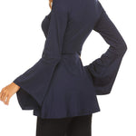 Zeagoo Women's Sexy V-Neck Pleated Front Long Bell Sleeve Blouse Tops