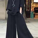 Women's Solid Color Casual Loose Stylish Cotton And Linen Shirt Pants Two Piece Suit