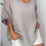 Solid color loose short-sleeved casual cotton and linen T-shirt