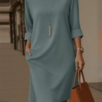 Elegant Round Neck Solid Color Pocket Dress