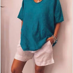 Solid color loose short-sleeved casual cotton and linen T-shirt