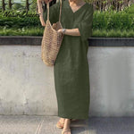 Loose short-sleeve V-neck solid color large size cotton and linen long dress