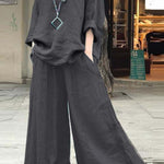 Women's Solid Color Casual Loose Stylish Cotton And Linen Shirt Pants Two Piece Suit