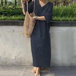 Loose short-sleeve V-neck solid color large size cotton and linen long dress