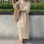 Loose short-sleeve V-neck solid color large size cotton and linen long dress
