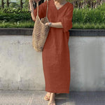 Loose short-sleeve V-neck solid color large size cotton and linen long dress