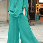Women's Solid Color Casual Loose Stylish Cotton And Linen Shirt Pants Two Piece Suit